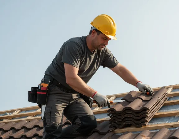 Worker repairing roofing, brickwork, cladding, windows and gutters on external or building