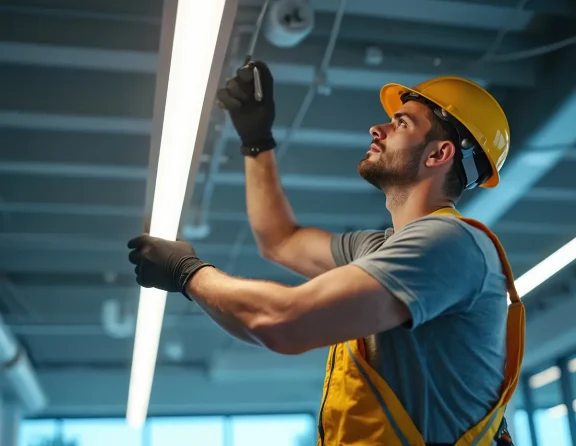 Worker doing urgent repairs on internal fabric of building