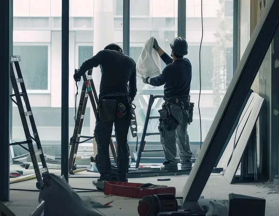 Workers doing refurbishments, upgrades and fit-outs to building